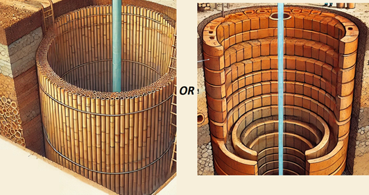 bore hole latrine lined by bamboo matting or earthen rings